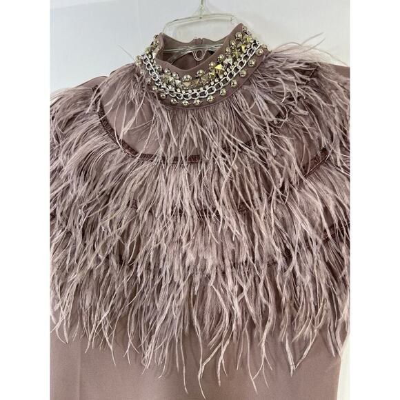 Gracia Taupe Stretch Short Sleeve Blouse with Ostrich Feather Trim Women’s S - Picture 2 of 12